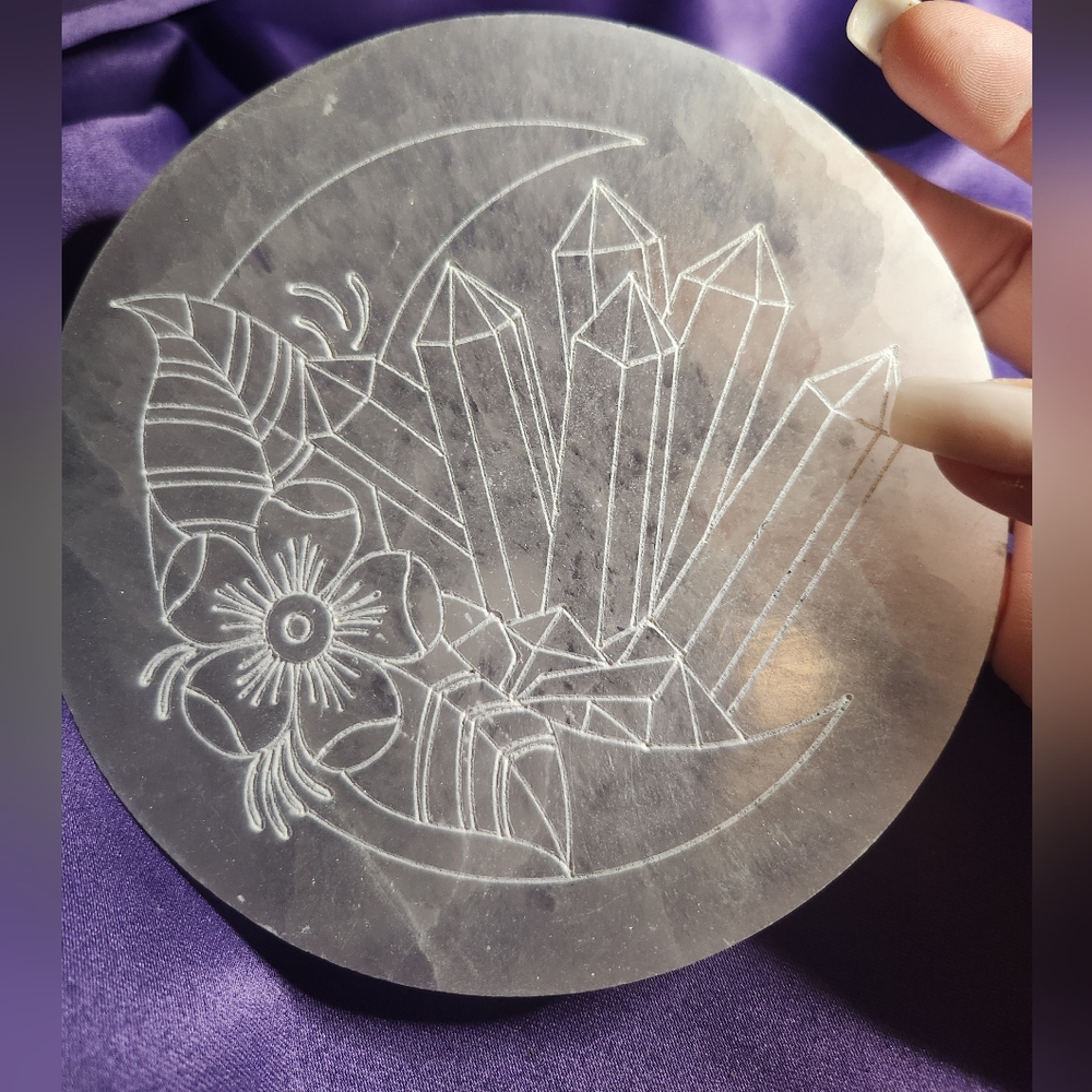 Engraved Selenite Plate with Floral Design